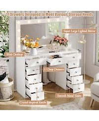 homfan Large Vanity Table with Light Bulbs, Glass Top Makeup Vanity Desk with 11 Storage Drawers Large Makeup Mirror, Power Outlet, Vanity for Bedroom