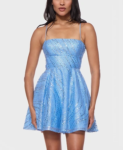 B Darlin Juniors' Straight Neck Sequin Empire Waist Glitter Dress