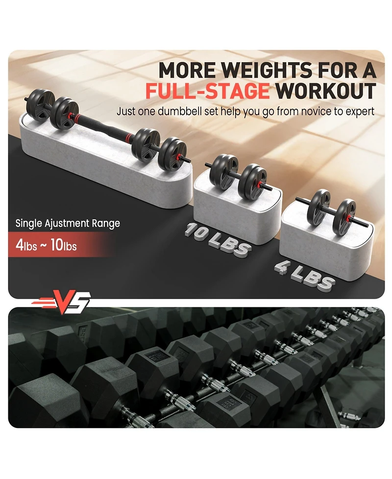 Fed Fitness Adjustable Dumbbells Set, 20LB (10 Lb Pair) Free Weight Set with Connector, 2 in 1 Dumbbells Set Used as Barbell, Kettlebells