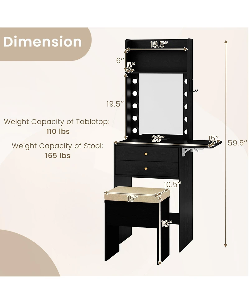 Slickblue Compact Vanity Desk Set with 3 Color Lighted Mirror