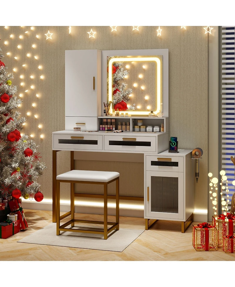 Slickblue Makeup Vanity Desk with Lighted Mirror and Stool Set
