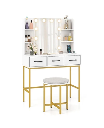 Slickblue Led Lighted Makeup Vanity Desk with Mirror and Cushioned Stool