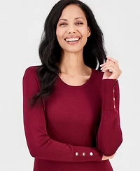 Jm Collection Women's Button-Sleeve Crewneck Sweater, Created for Macy's