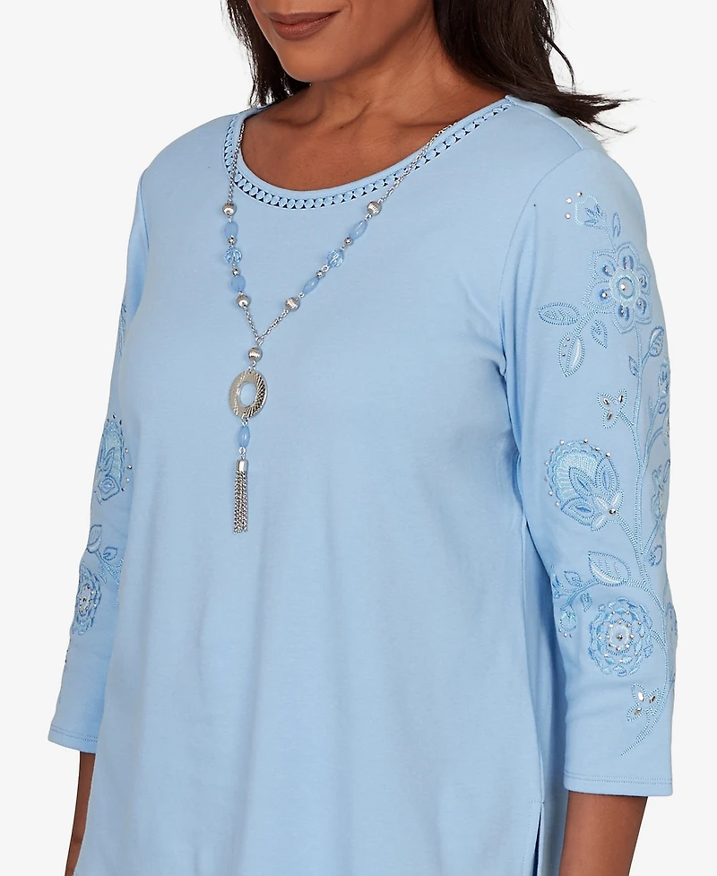 Alfred Dunner Women's Embroidered Floral Sleeve Accent Top