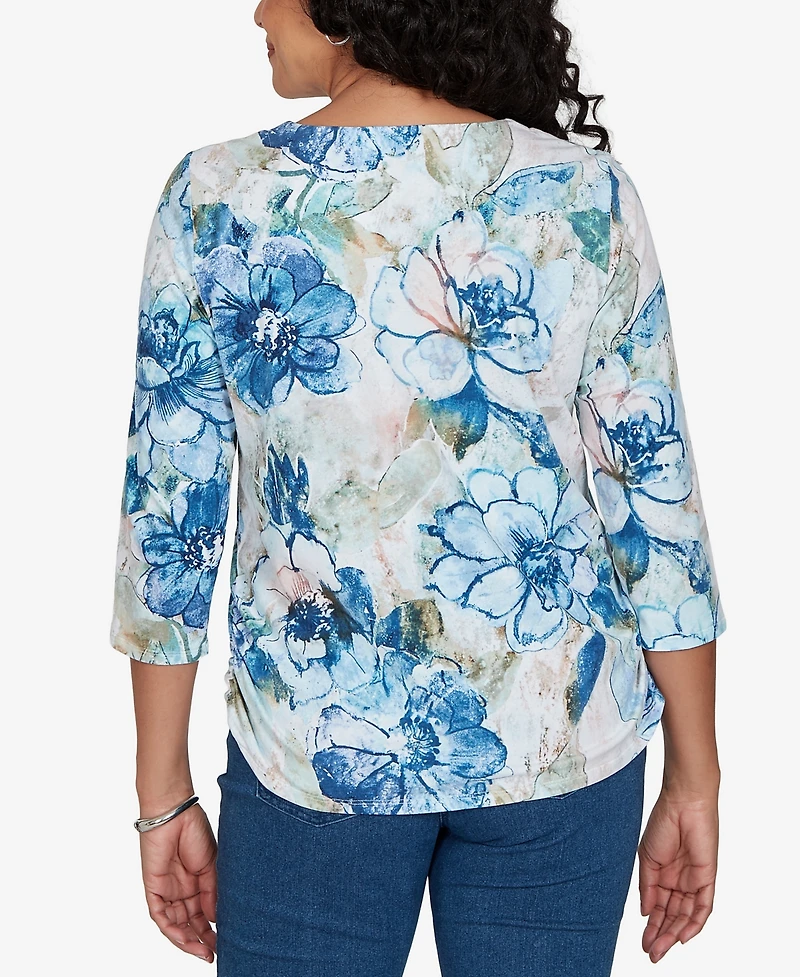 Alfred Dunner Women's Etched Florals Ruched Sides CrewneckTop