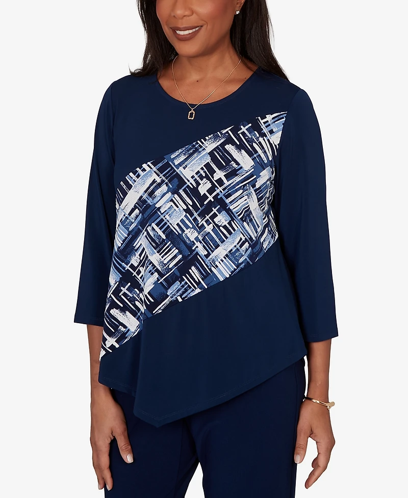 Alfred Dunner Women's Etched Plaid Diagonal Puff Printed Top