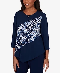 Alfred Dunner Women's Etched Plaid Diagonal Puff Printed Top
