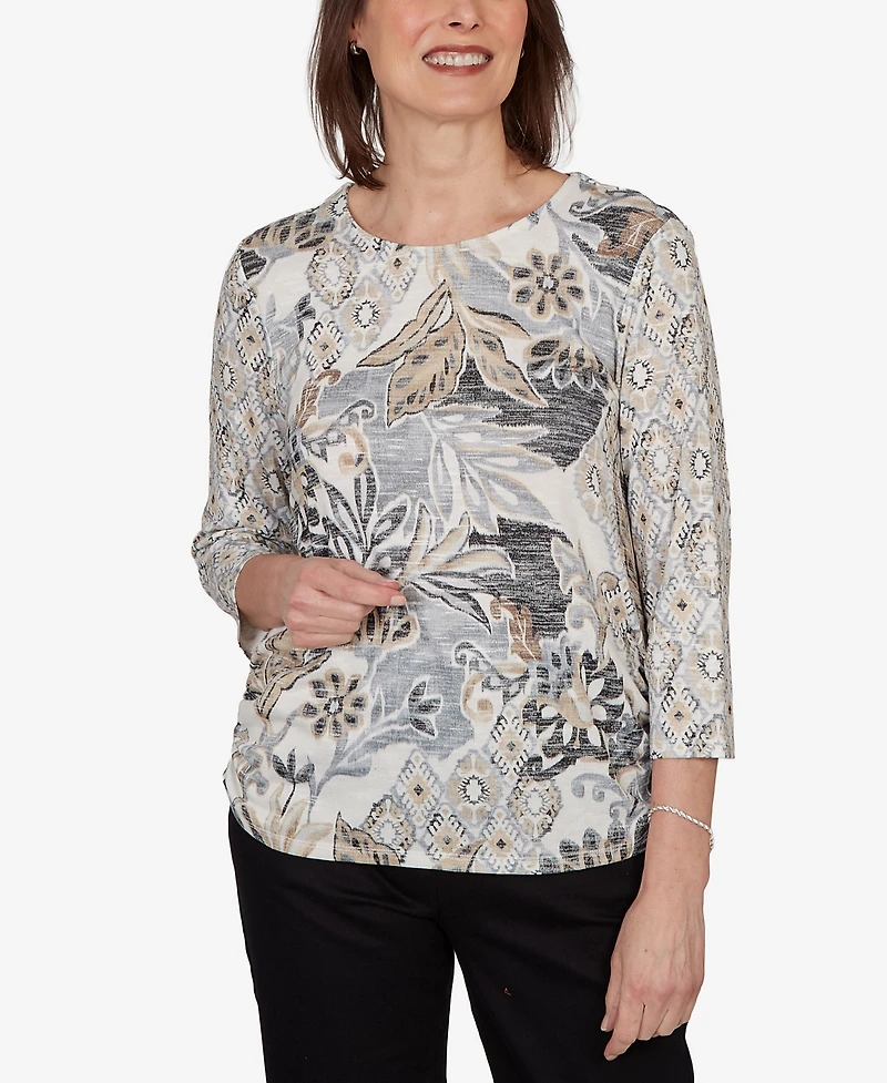 Alfred Dunner Women's Geo Leaf Patchwork Knit Top