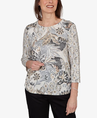 Alfred Dunner Women's Geo Leaf Patchwork Knit Top