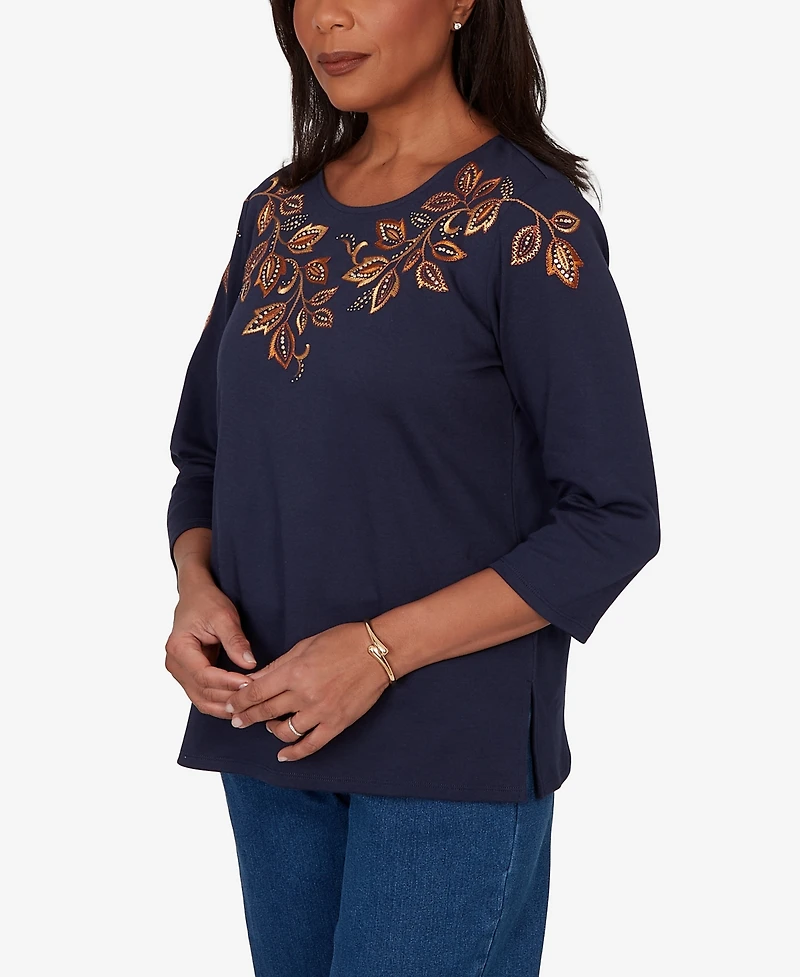 Alfred Dunner Women's Autumn Embroidered Navy Knit Top
