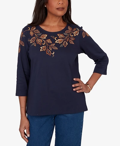 Alfred Dunner Women's Autumn Embroidered Navy Knit Top