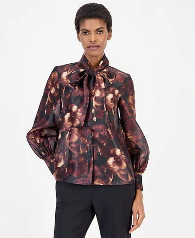 Anne Klein Women's Bow Neck Long Sleeve Floral Blouse