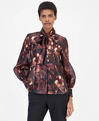 Anne Klein Women's Bow Neck Long Sleeve Floral Blouse
