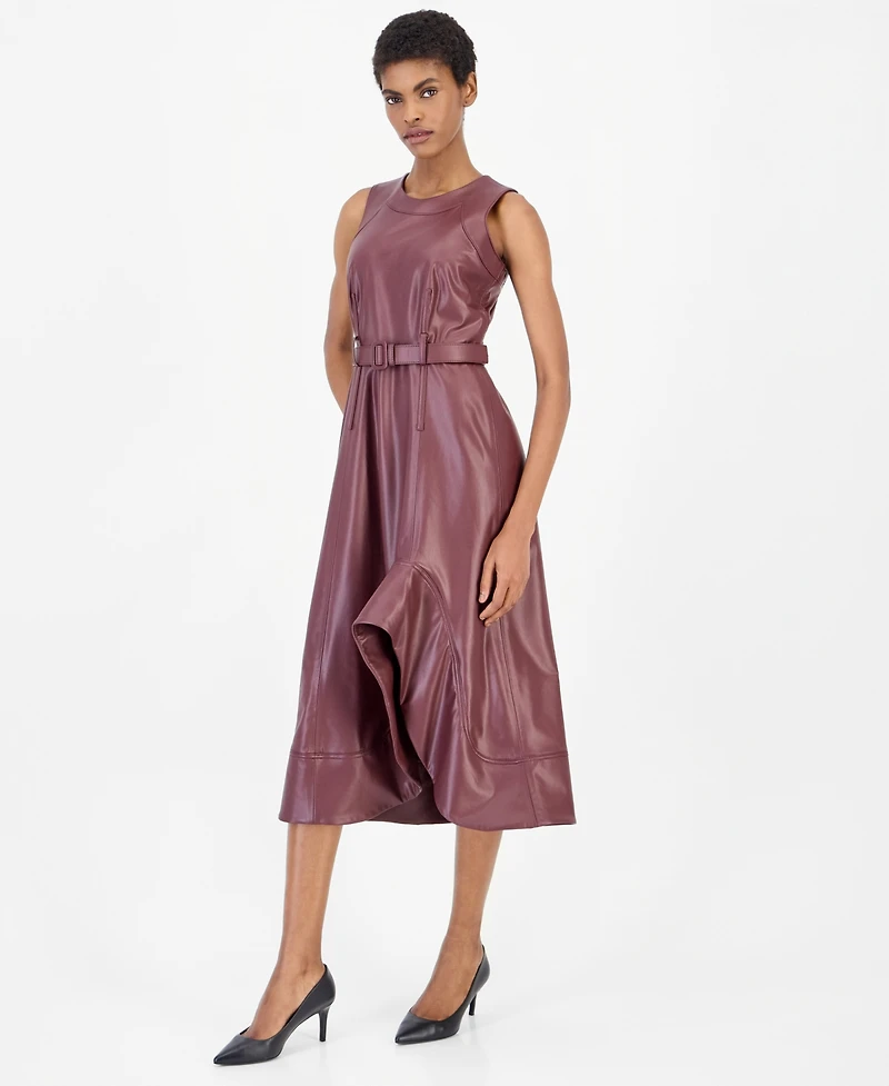 Anne Klein Women's Faux Leather Asymmetrical A-Line Dress