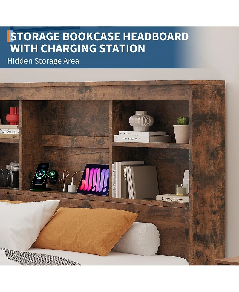 homfan Wood Bed Frame with Bookcase Headboard, 4 Storage Drawers, Built-in Charging Station, Metal Platform, Noise-Free