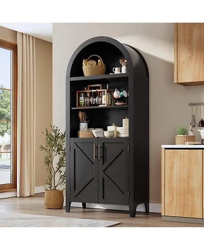 homfan Arched Kitchen Pantry Cabinet with Doors, 5-Tier Open Display Shelf Nice Texture, Farmhouse Storage for Kitchen, Living Room