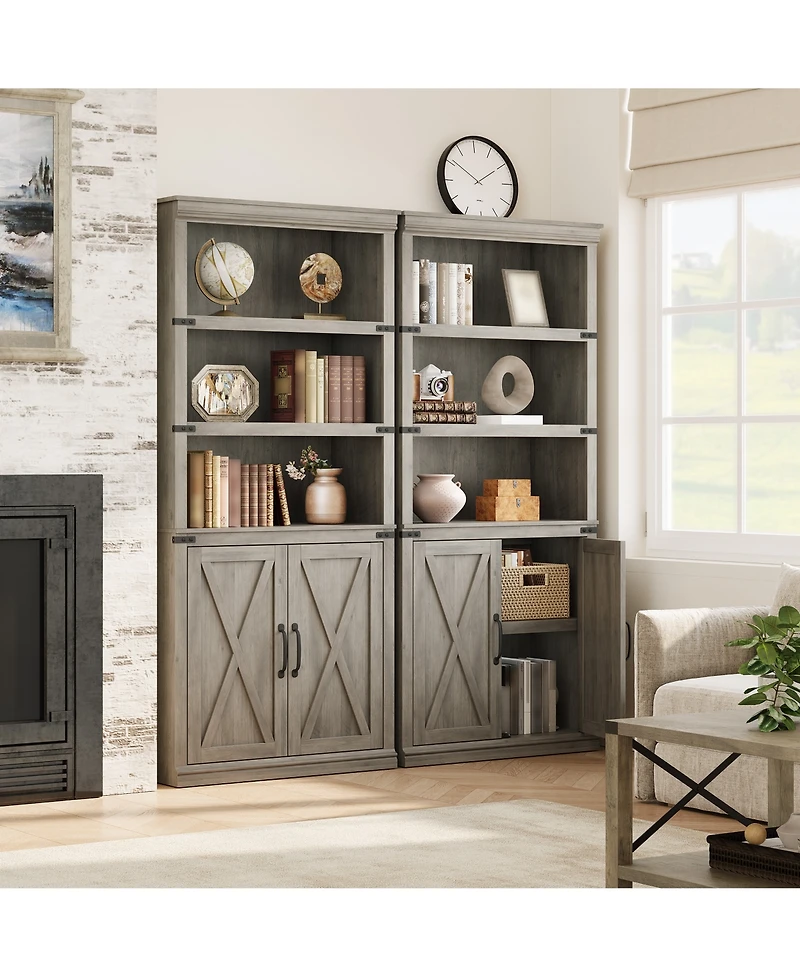 homfan Retro Bookcase with 2 Glass Doors, Display Cabinet with Shelves for Living Room Home Office Study