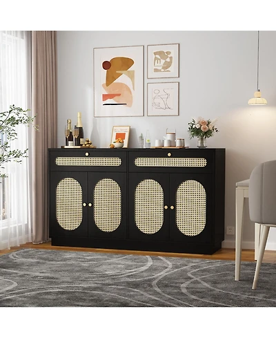 homfan 60 Inch Rattan Sideboard Cabinet with 2 Drawers and 4 Doors, Buffet Storage Adjustable Shelves for Dining Room, Living Room