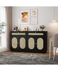 homfan 60 Inch Rattan Sideboard Cabinet with 2 Drawers and 4 Doors, Buffet Storage Adjustable Shelves for Dining Room, Living Room