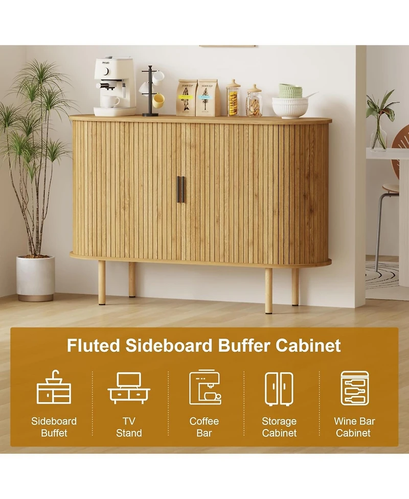 homfan 47 Inch Modern Fluted Wooden Console, Sideboard Buffet with Sliding Doors and Adjustable Shelves for Freestanding Home Storage