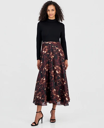Anne Klein Women's Serenity Mock-Neck Long-Sleeve Floral-Print Dress