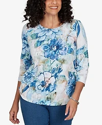 Alfred Dunner Petite Etched Florals Ruched Sides Top