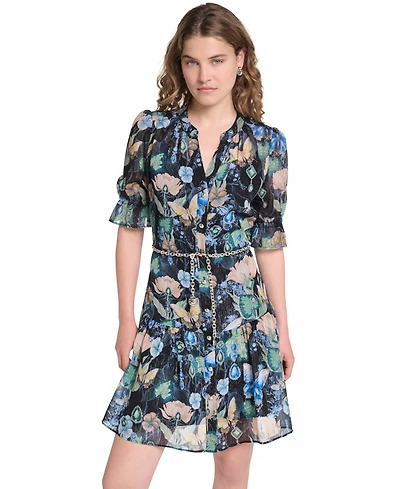 Karl Lagerfeld Paris Petite Belted V-Neck Dress