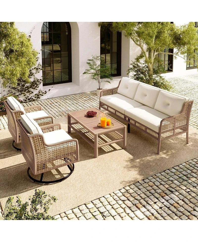 Asagikoiai 4-Piece Outdoor Conversation Set, Modular Pe Wicker Couch with Wood Coffee Table