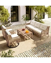 Asagikoiai 4-Piece Outdoor Conversation Set, Modular Pe Wicker Couch with Wood Coffee Table