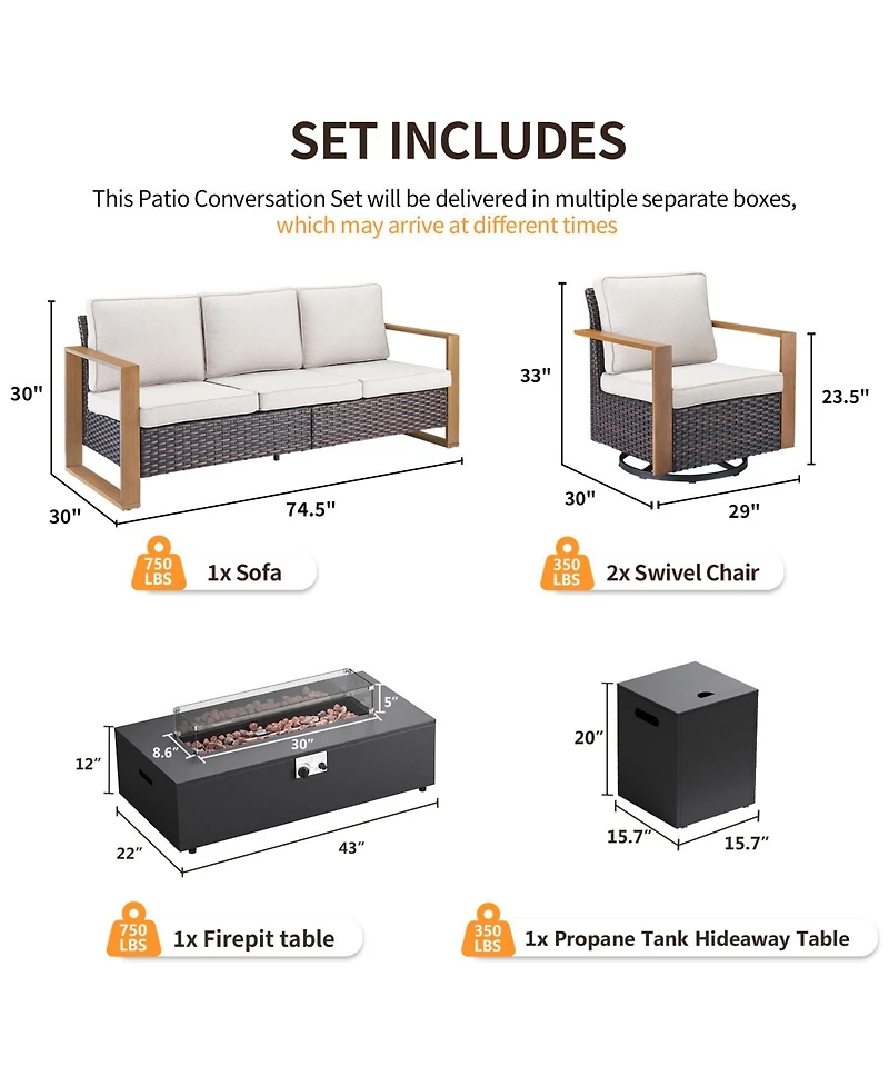 Pocassy Fire Pit Table with 5 Seat Outdoor Sofa Set 50000 Btu Propane Gas Patio Furniture for Backyard, Garden
