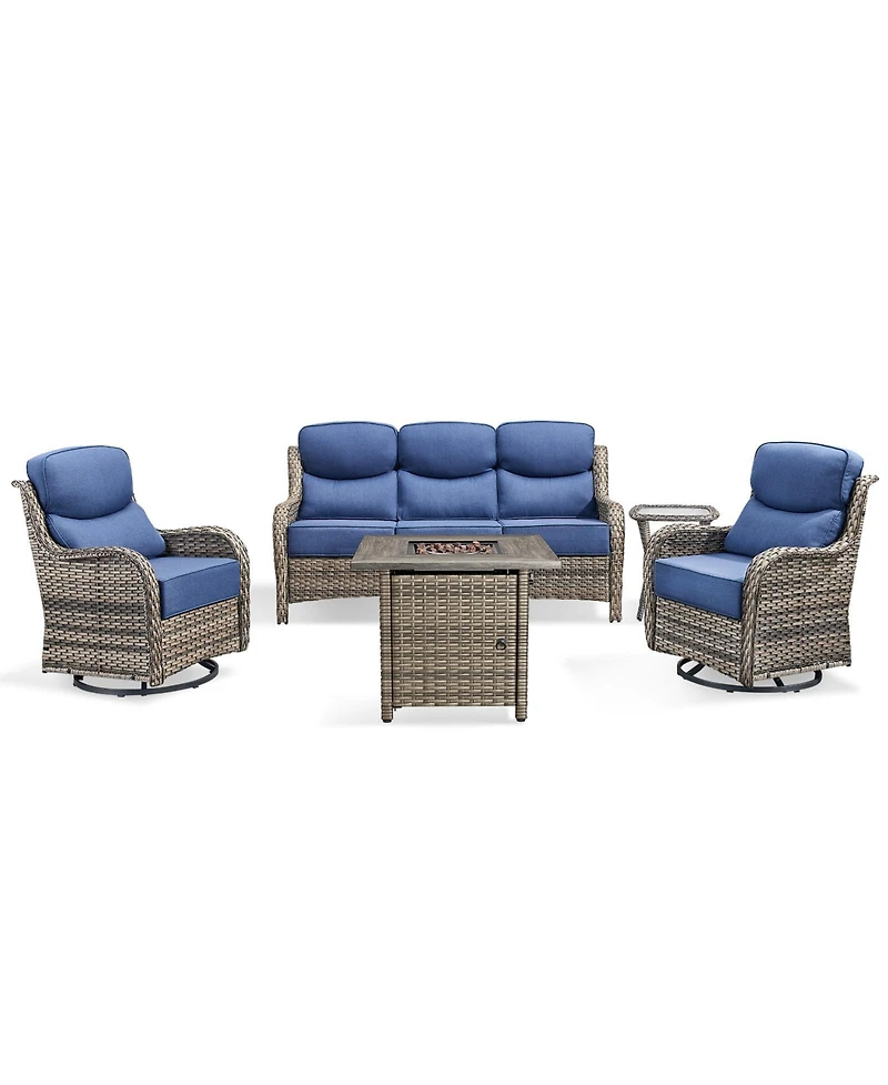 Pocassy Patio Furniture Set with 6-inch Thick Cushion, Outdoor Fire Pit, Swivel Chairs, 5pices Wicker Conversation