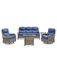 Pocassy Patio Furniture Set with 6-inch Thick Cushion, Outdoor Fire Pit, Swivel Chairs, 5pices Wicker Conversation
