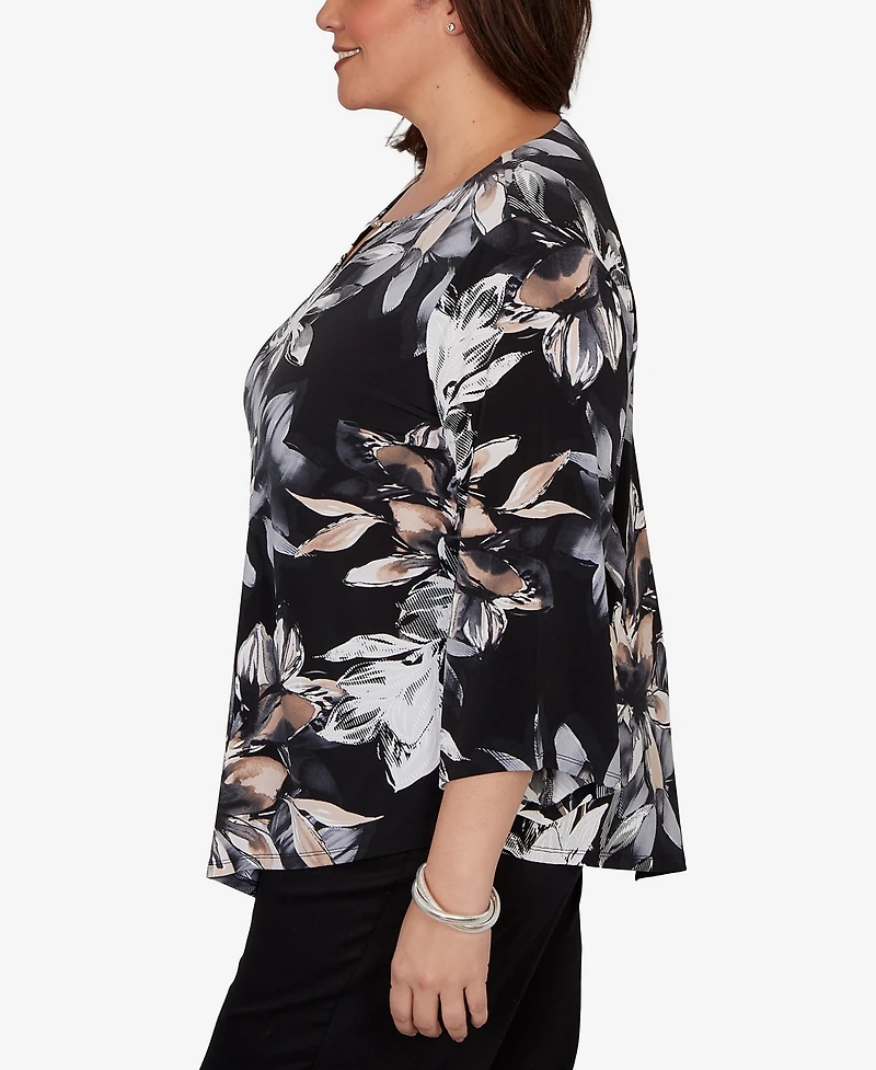 Alfred Dunner Plus Watercolor Floral Puff Printed Top