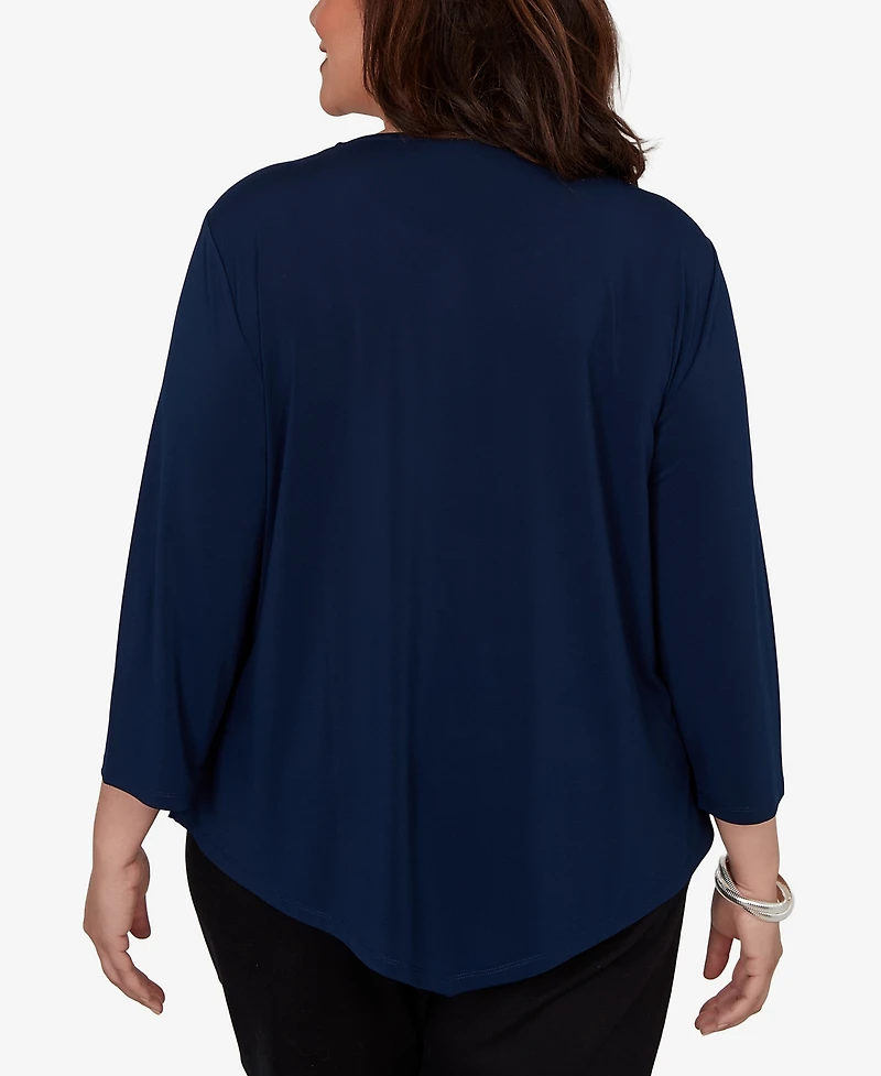 Alfred Dunner Plus Etched Plaid Diagonal Puff Printed Top