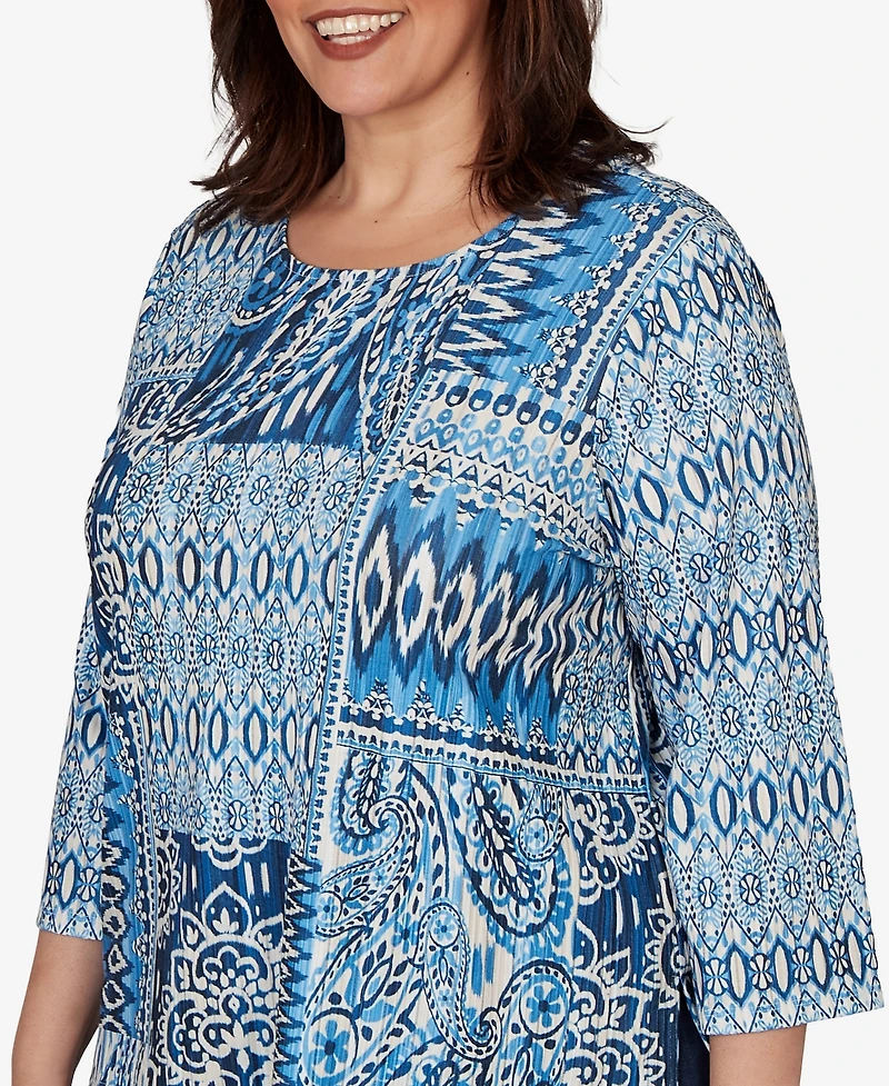 Alfred Dunner Plus Medallion Navy Patchwork Knit Top