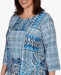 Alfred Dunner Plus Medallion Navy Patchwork Knit Top