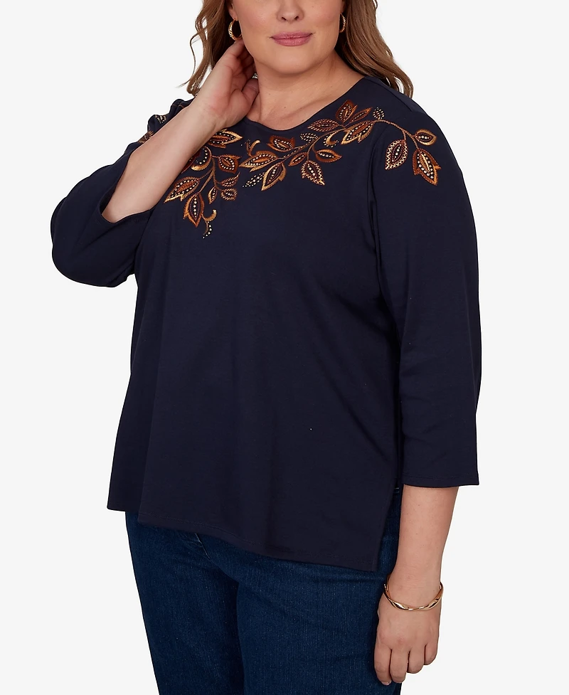 Alfred Dunner Plus Autumn Embroidered Navy Knit Top
