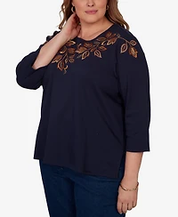 Alfred Dunner Plus Autumn Embroidered Navy Knit Top