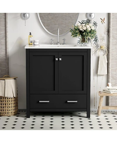 Thirtypeachy 30" Modern Solid Wood Mdf Vanity With Ceramic Sink, 2 Doors And 1 Drawer Soft-Close, Cabinet Sink