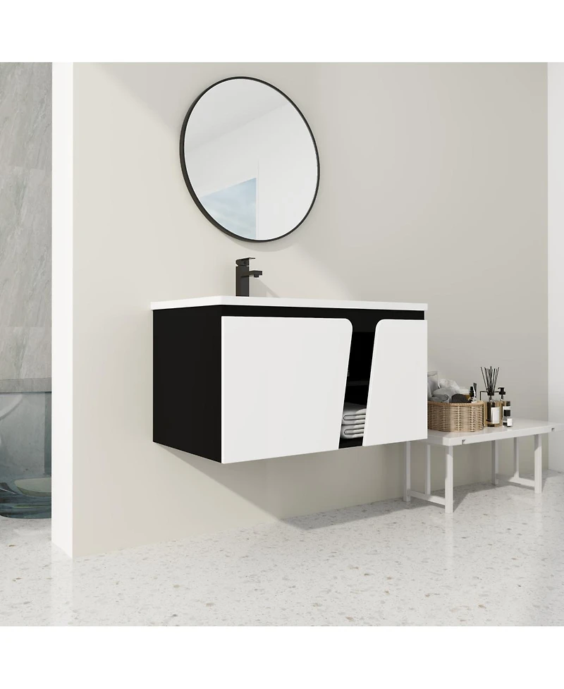 Sillysis Wall Mounted Bathroom Vanity with Ceramic Sink, Soft Close Doors, Plywood Cabinet, Ample Storage for Modern Bathrooms