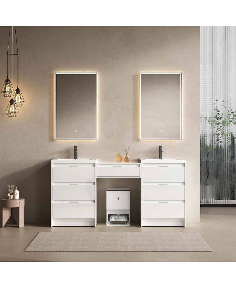 Sillysis 71 Inch Double Sink Freestanding Bathroom Vanity with Resin Basins, Soft Close Doors, Water-Resistant, Side Cabinet Storage