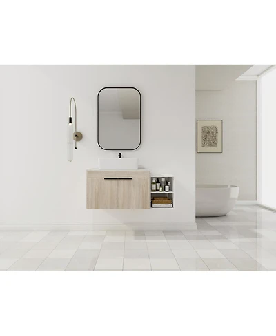Sillysis Wall Mounted Bathroom Vanity with Ceramic Vessel Sink, Side Storage Shelf, Soft Close Doors