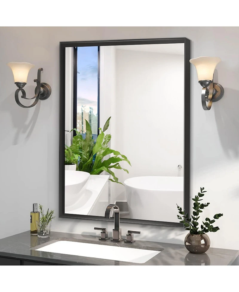 Laoties Modern Floating Glass Wall Mirror, Matte Black Bathroom Vanity Mirror with Aluminum Frame
