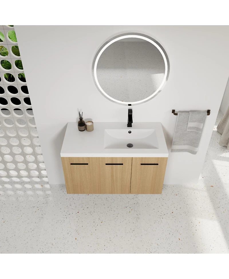 Sillysis 36 Inch Wall Mounted Bathroom Vanity with Resin Sink Top, Soft Close Doors, Space Saving Design for Modern Bathrooms