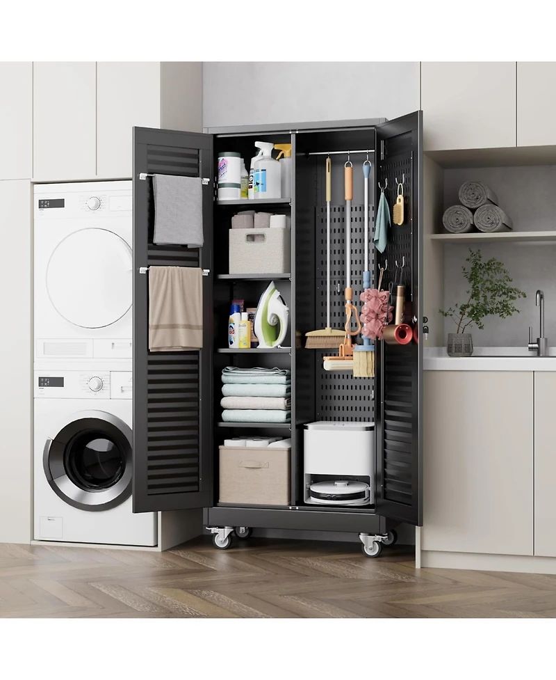 Boyel Living 71" Metal Broom Closet with Wheels, Lockable Cleaning Cabinet with Pegboard and Louvered Doors for Garage