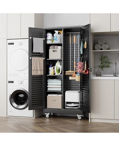 Boyel Living 71" Metal Broom Closet with Wheels, Lockable Cleaning Cabinet with Pegboard and Louvered Doors for Garage