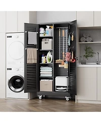 Boyel Living 71" Metal Broom Closet with Wheels, Lockable Cleaning Cabinet with Pegboard and Louvered Doors for Garage
