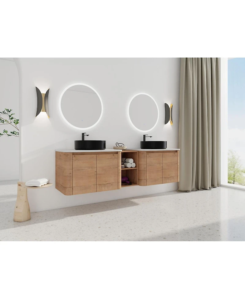 Sillysis 71 Inch Wall Mounted Double Bathroom Vanity with Stone Countertop, Ceramic Vessel Sinks