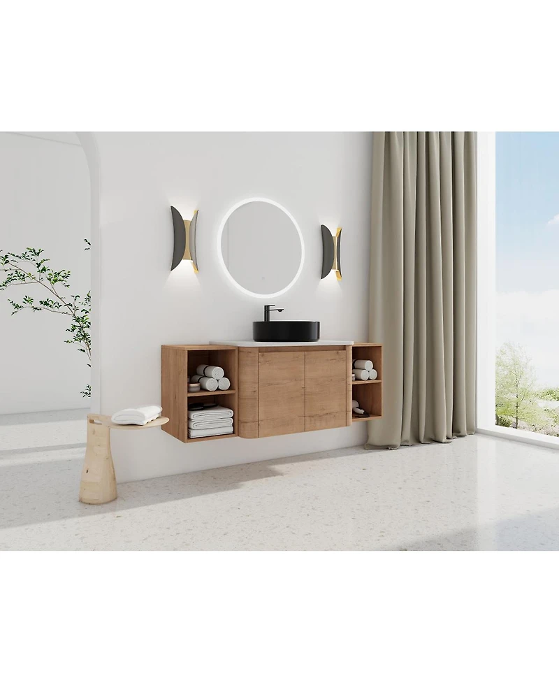 Sillysis 53 Inch Wall Mounted Bathroom Vanity with Ceramic Vessel Sink, Stone Top and Storage Shelves for Modern Bathrooms