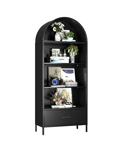 Boyel Living Metal Arched Bookcase Cabinet with Drawer, Tall Bookshelf and Adjustable Shelves for Home Office